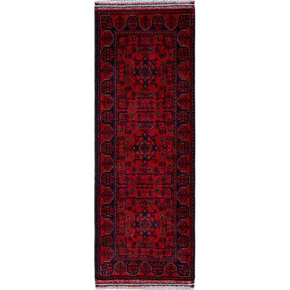 1'9"X4'9" Red Afghan Khamyab Geometric Pattern Hand Knotted Wool Runner Rug