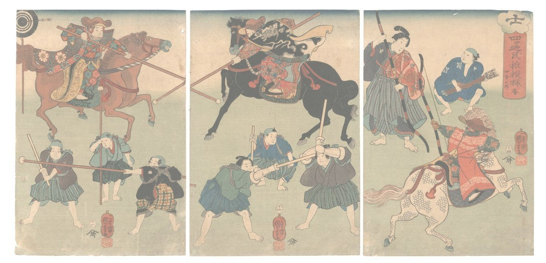 Triptych of spring wooden sword arrow bow kuniyoshi japan woodblock prints 1858