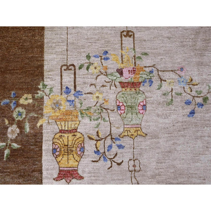 7'10"X10'1" White Chinese Art Deco Inspire Peshawar Hand Knotted Wool Rug