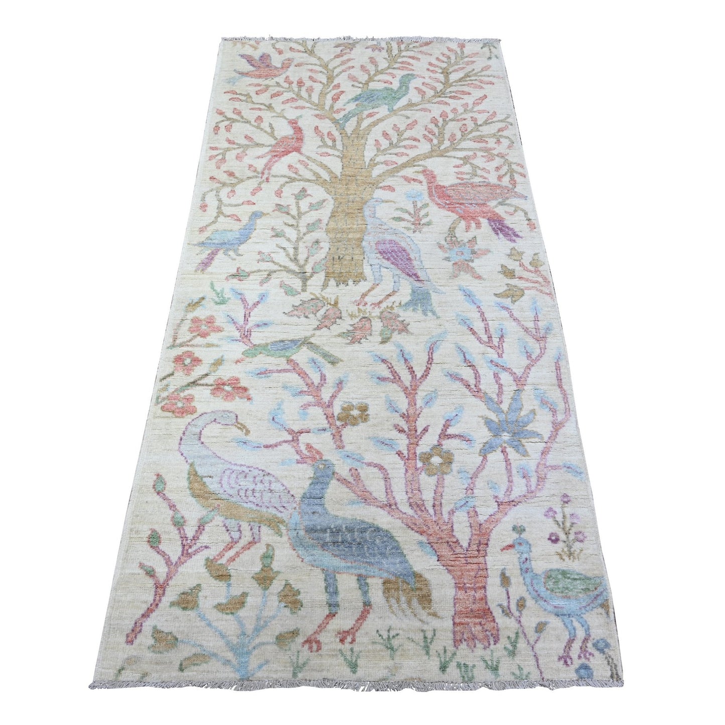 3'X6'1" Ivory Natural Wool Hand Knotted Afghan Peshawar Runner Rug