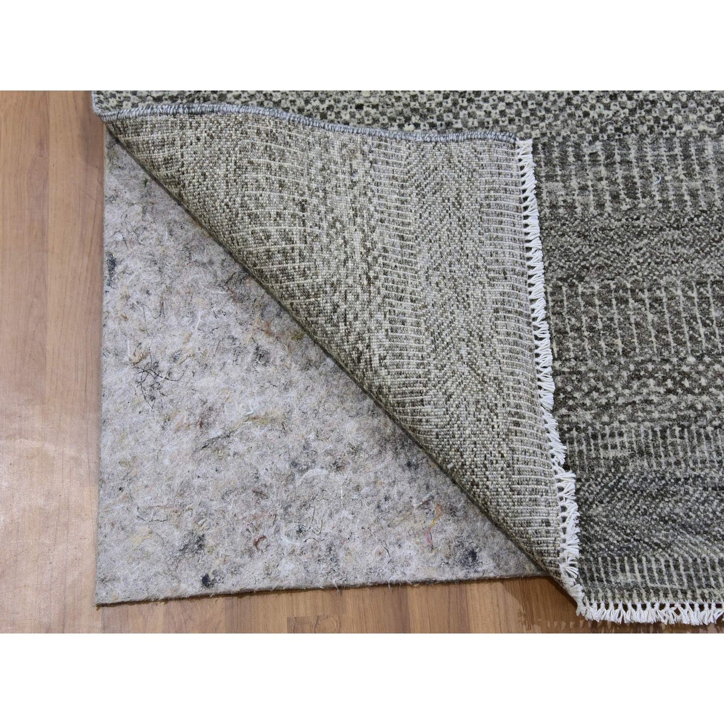 4'1"X12'1" Gray Grass Design Undyed Wool Hand Knotted Wide Runner Rug