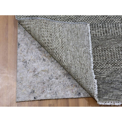 4'1"X12'1" Gray Grass Design Undyed Wool Hand Knotted Wide Runner Rug