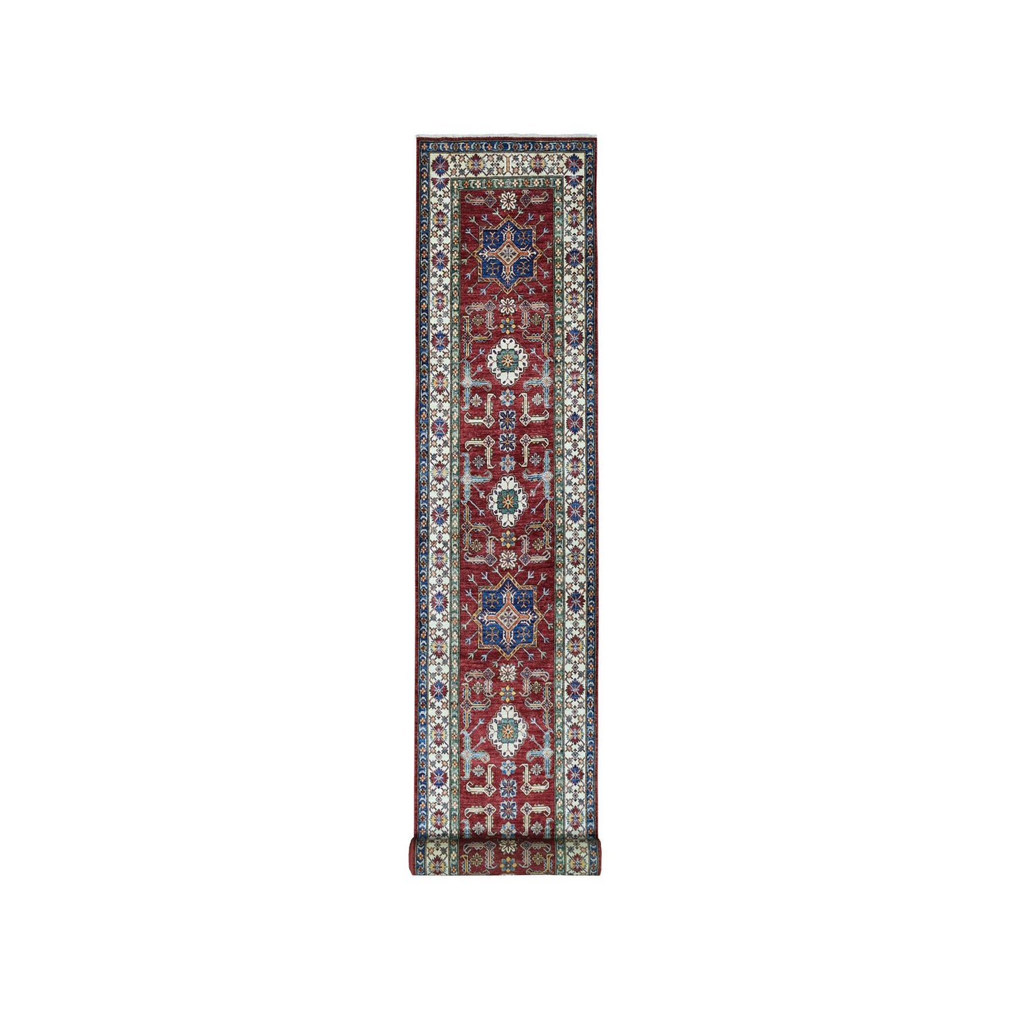 3'5"X19'3" Red Super Kazak Geometric Design Hand-Knotted Xl Runner Rug