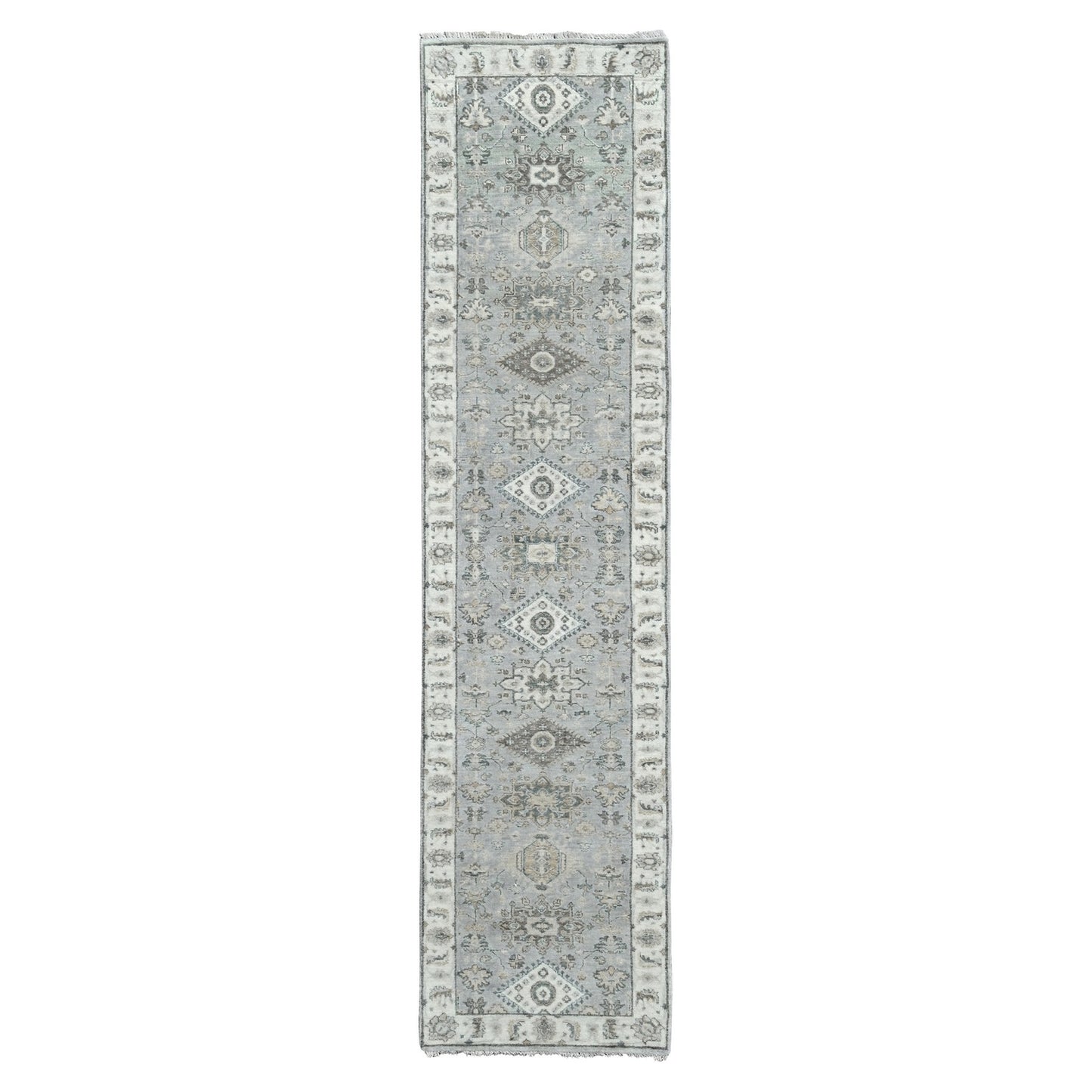 2'6"X11'8" Mist Gray Karjihooz Design Pure Wool Hand Knotted Runner Rug