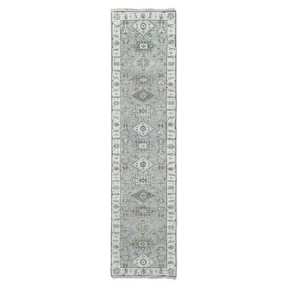 2'6"X11'8" Mist Gray Karjihooz Design Pure Wool Hand Knotted Runner Rug