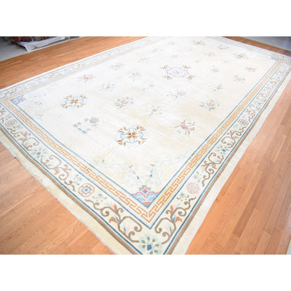 13'9"X23'5" Ivory Vintage Ming Dynasty Hand Knotted Full Pile Xl Wool Rug