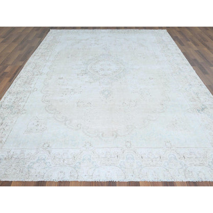 8'8"X12' Hand Knotted Ivory Vintage Farsian Karman Worn Wool Rug