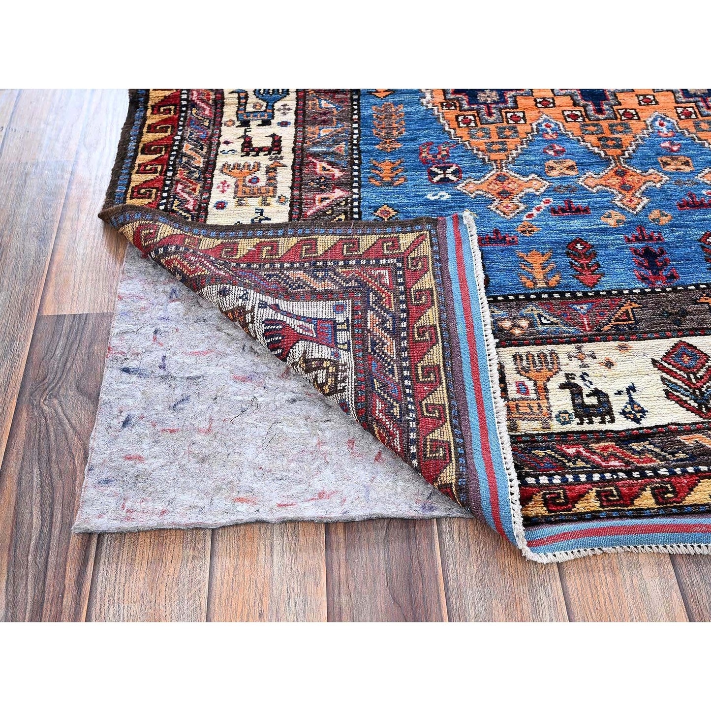 4'X6'4" Blue Afghan Ersari Caucasian Design Revival Hand Knotted Wool Rug