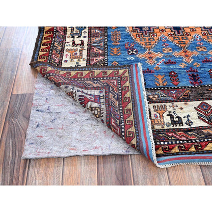 4'X6'4" Blue Afghan Ersari Caucasian Design Revival Hand Knotted Wool Rug