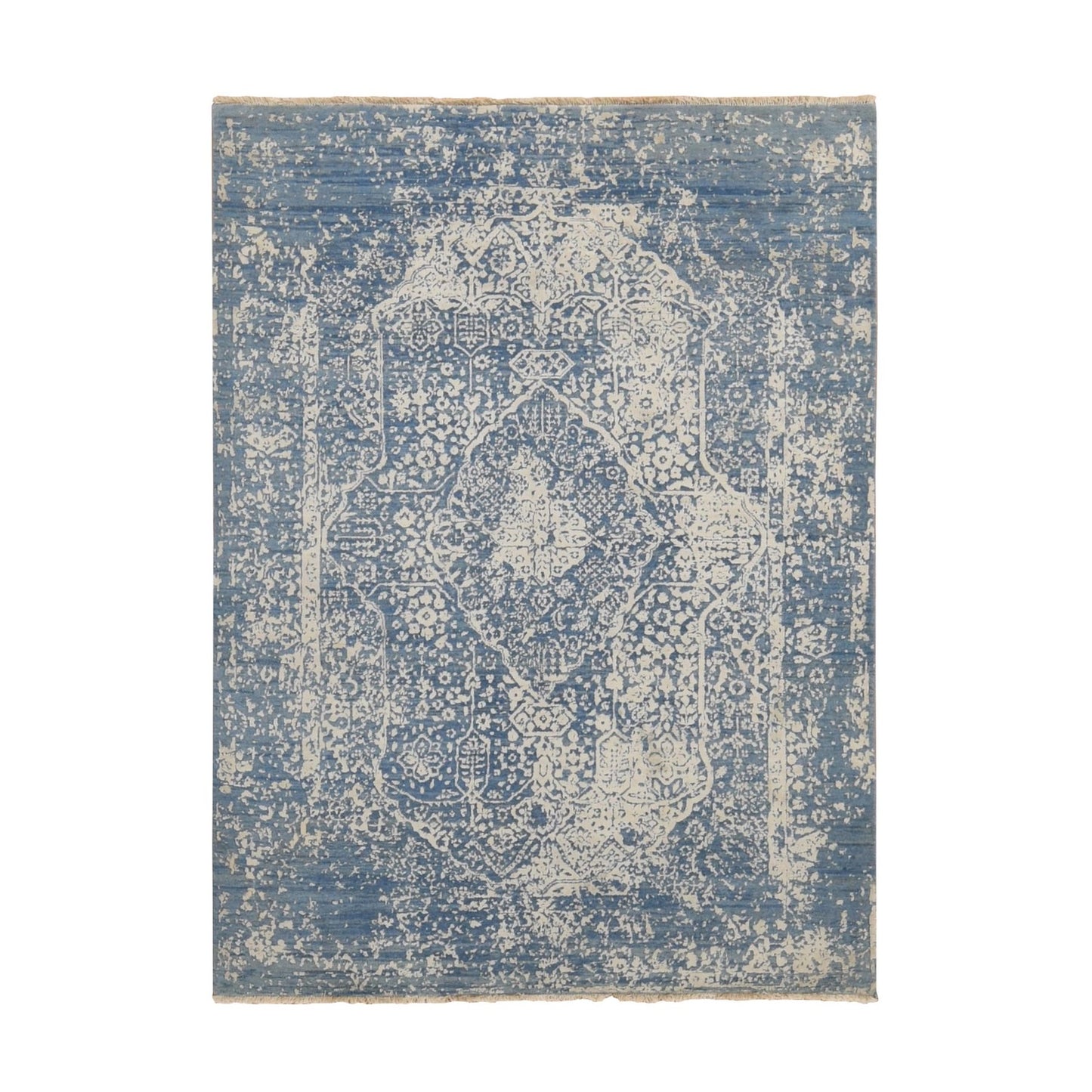 5'1"X7' Blue Wool And Silk Hand Knotted Broken Zoroastrian Design Rug