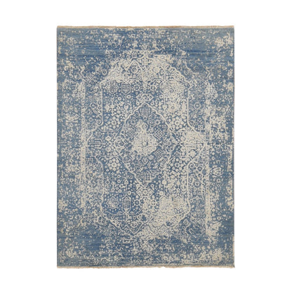 5'1"X7' Blue Wool And Silk Hand Knotted Broken Zoroastrian Design Rug
