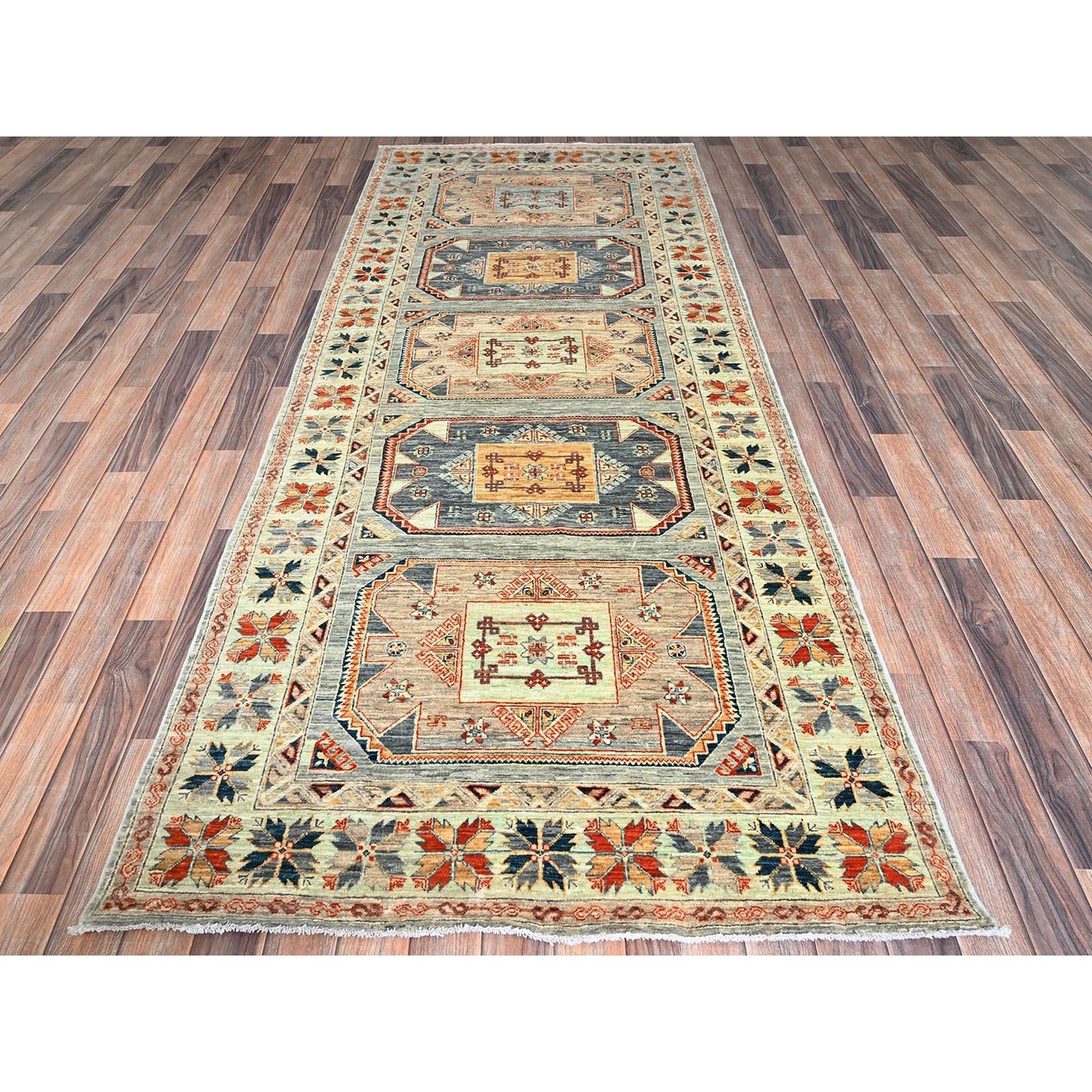 4'X9'5" Light Green Caucasian Design Soft Wool Hand Knotted Runner Rug
