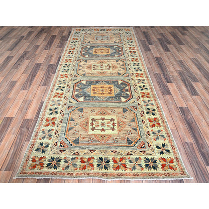 4'X9'5" Light Green Caucasian Design Soft Wool Hand Knotted Runner Rug