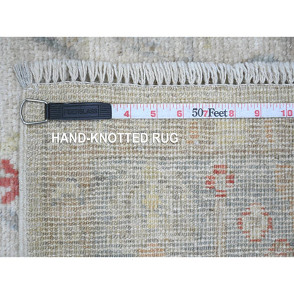 3'10"X12'3" White Angora Oushak Leaf Design Hand Knotted Wool Runner Rug