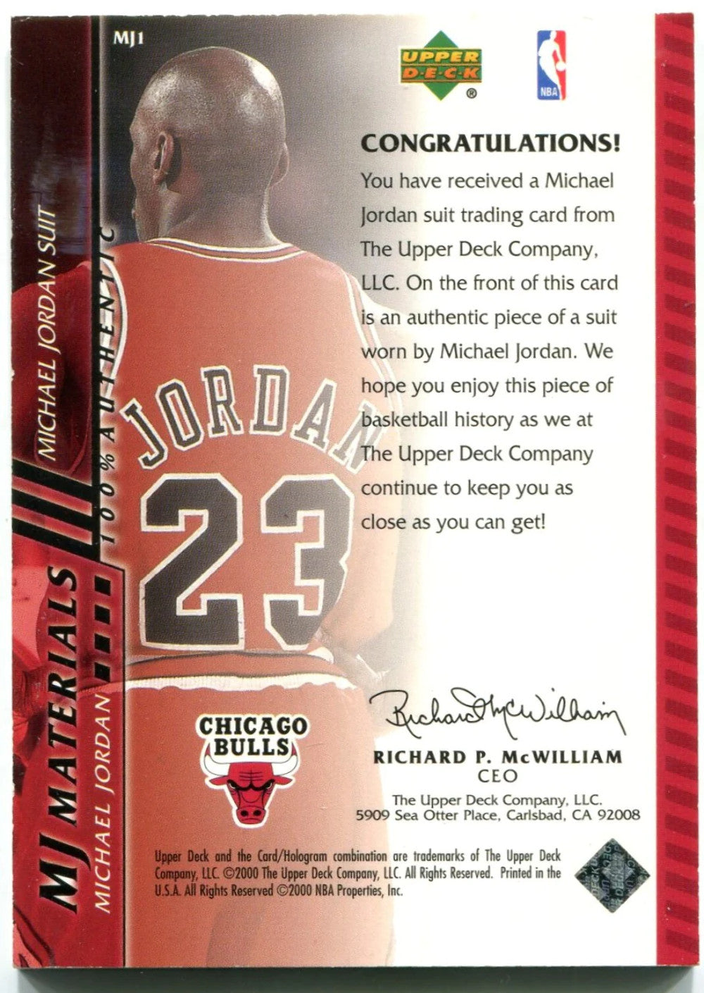 Michael Jordan Upper Deck Mj Materials Suit Card 2000
