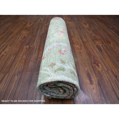 8'X8' Green Birds Of Paradise Hand Knotted Wool Peshawar Square Rug