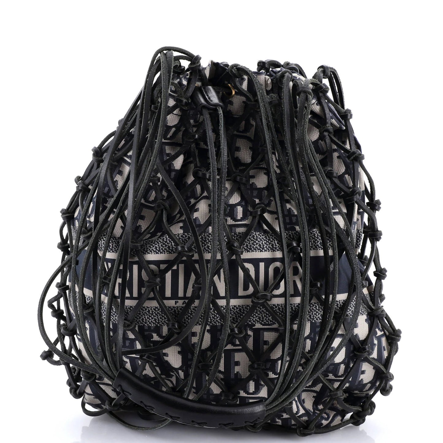 Christian Dior Drawstring Net Tote Diorissimo Canvas And Leather
