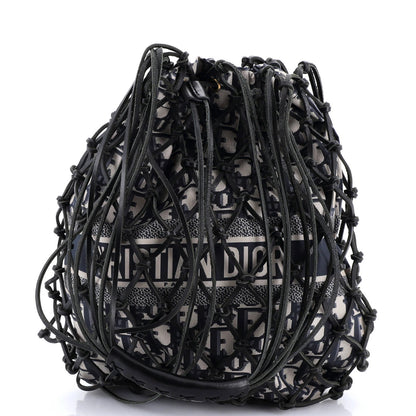 Christian Dior Drawstring Net Tote Diorissimo Canvas And Leather