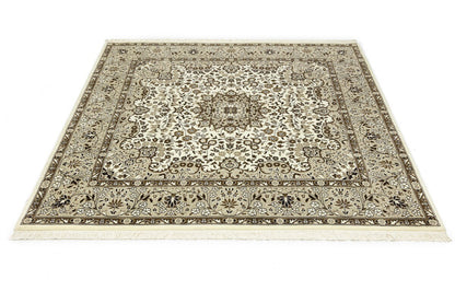 Hand-Knotted Kirman Square Rug Cream Floral Wool