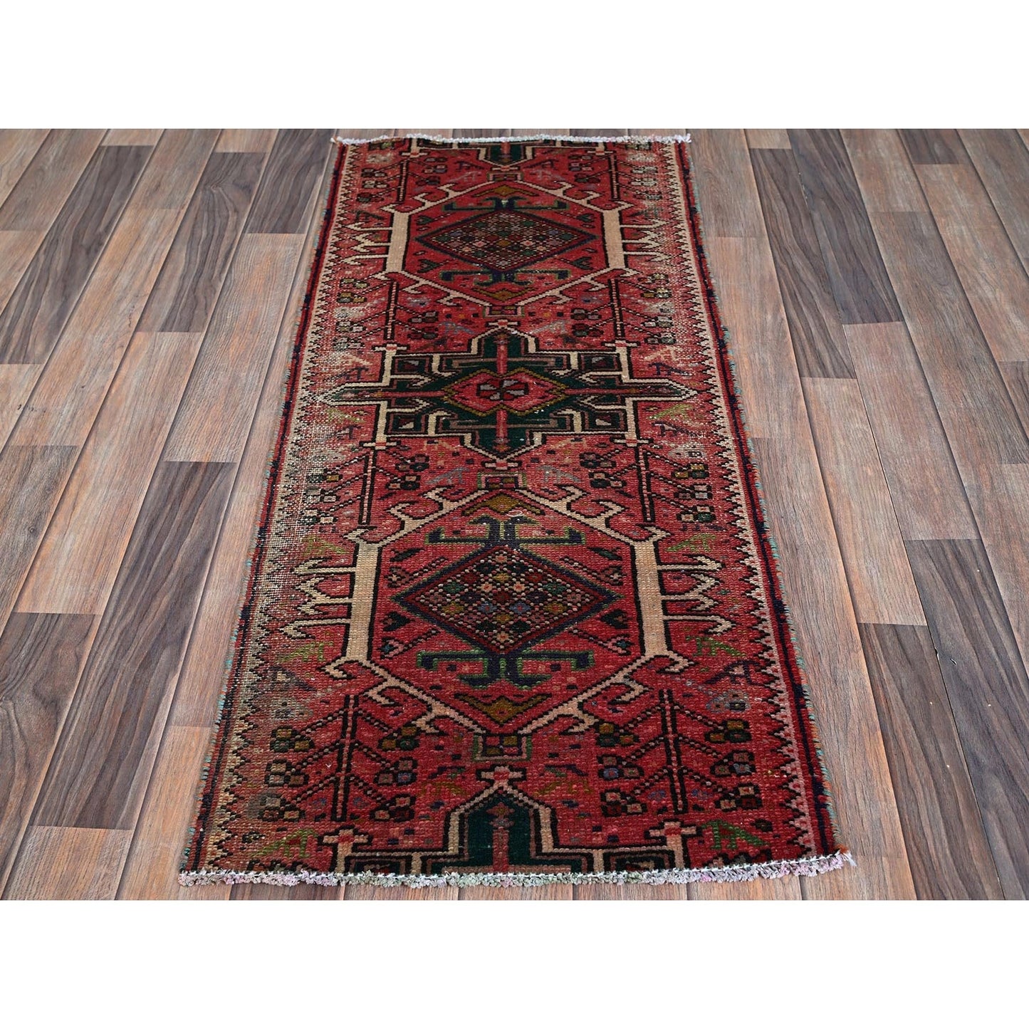 1'10"X4'2" Red Vintage Zoroastrian Heris Hand Knotted Pure Wool Runner Rug