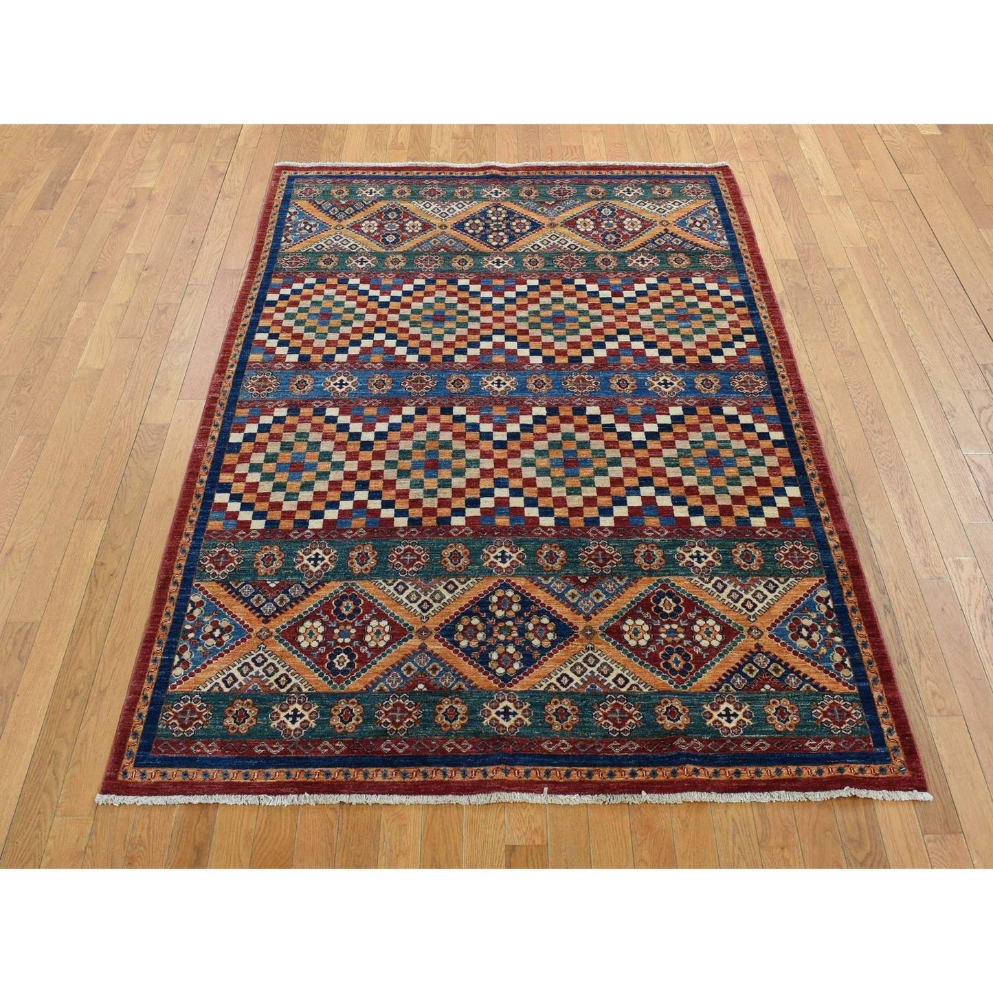 5'7"X8' Green Super Kazak Khorjin Design Hand Knotted Pure Wool Rug