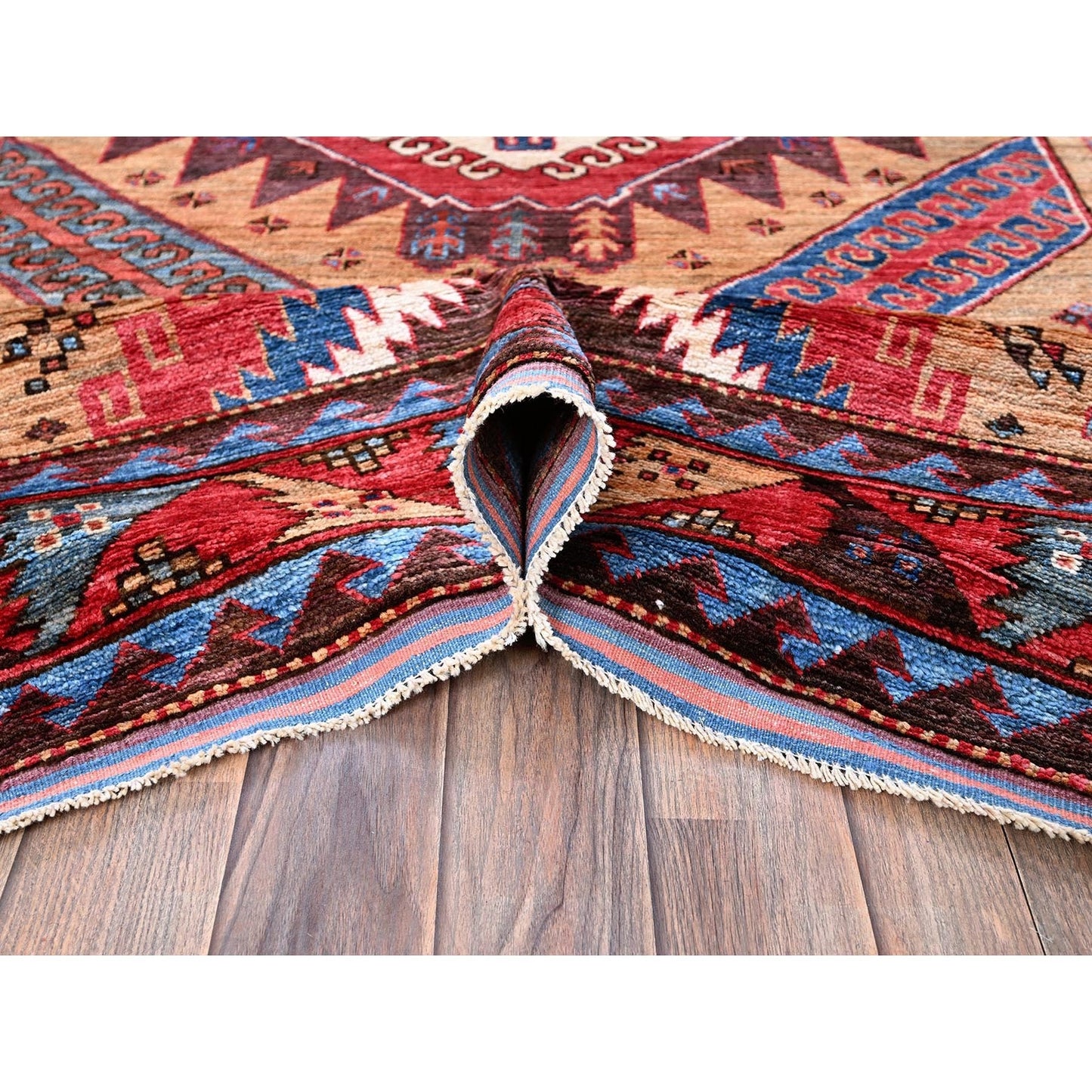 6'1"X8'4" Ochre Brown Afghan Caucasian Design Revival Hand Knotted Wool Rug