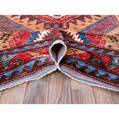 6'1"X8'4" Ochre Brown Afghan Caucasian Design Revival Hand Knotted Wool Rug