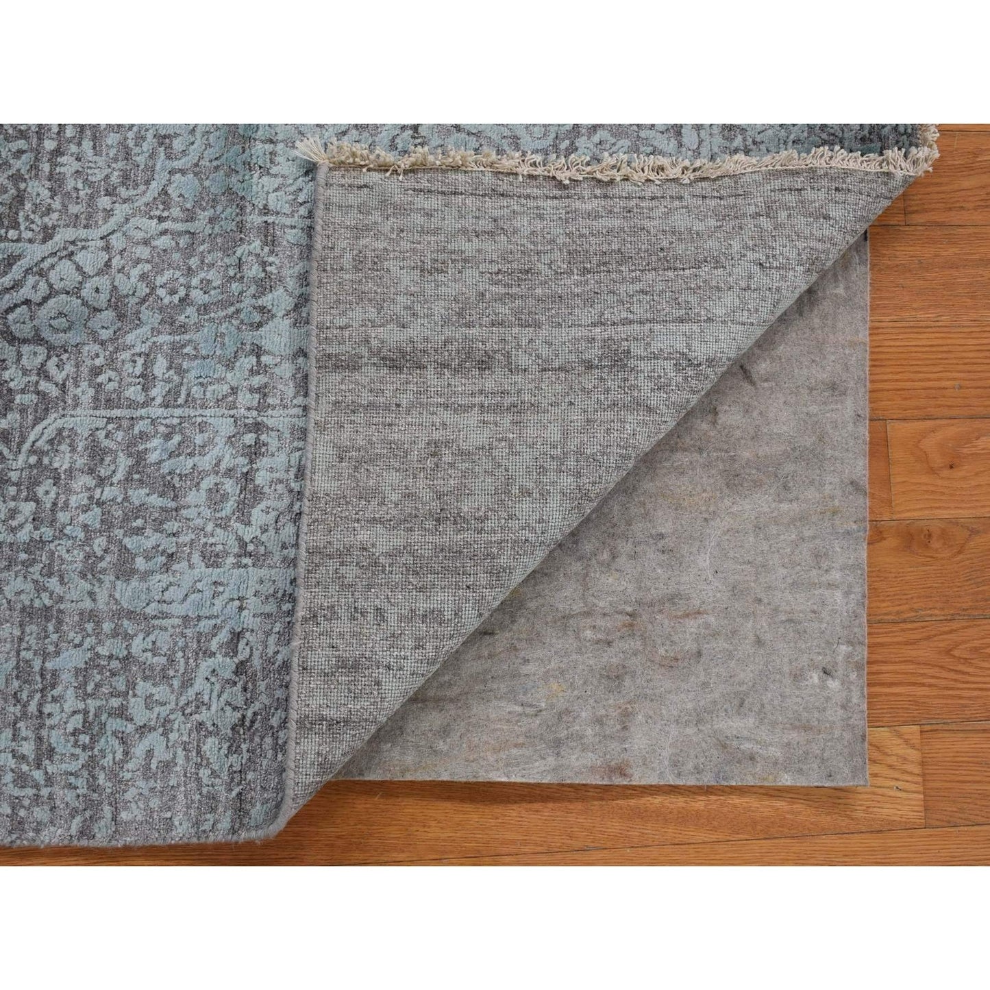 4'X9'9" Green Broken Farsian Design Wool/Silk Hand Knotted Runner Rug