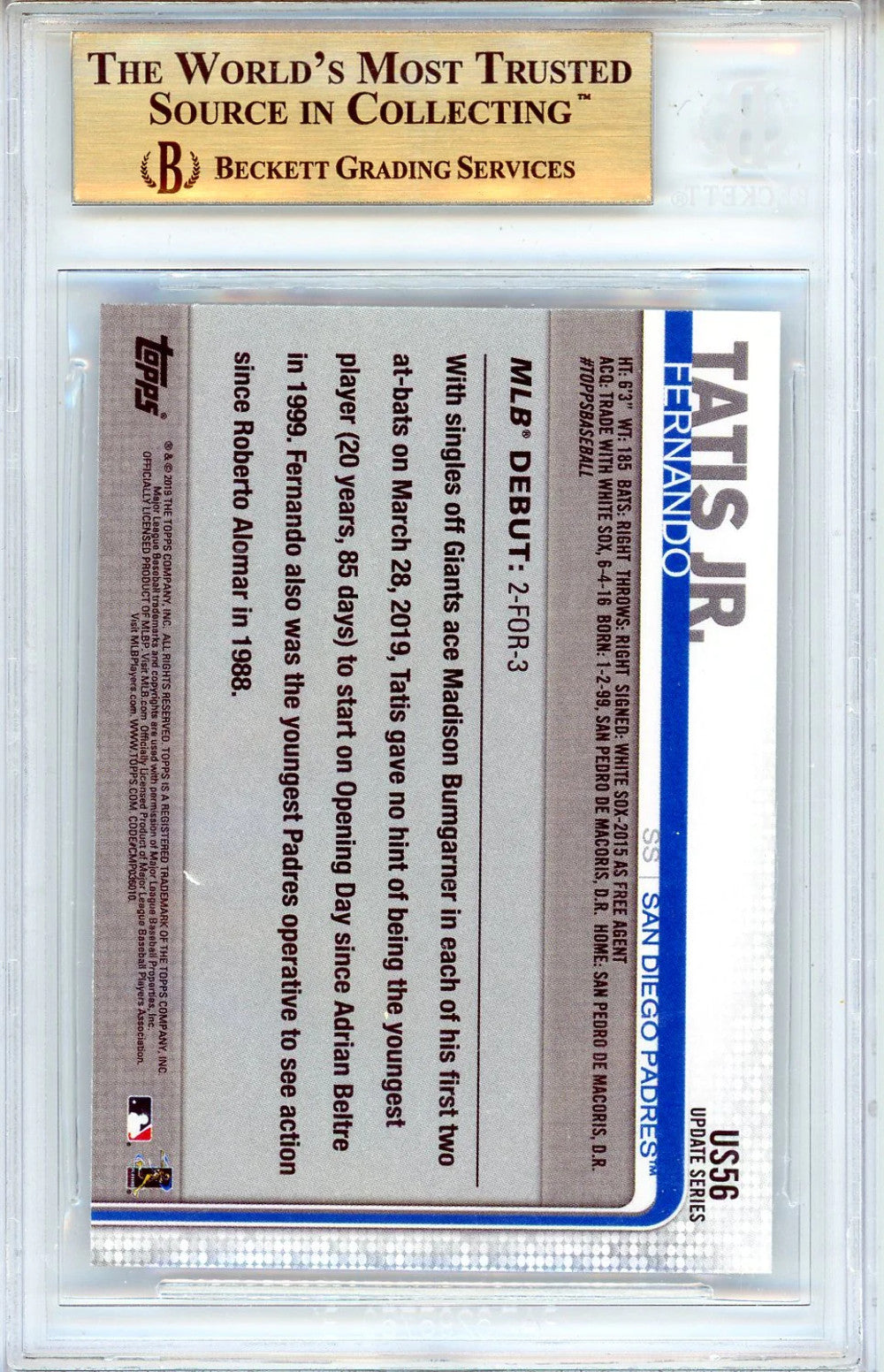 Fernando Tatis Jr. 2019 Topps Update Series Rookie Card #Us56 (Bgs Gem Mint 9.5)