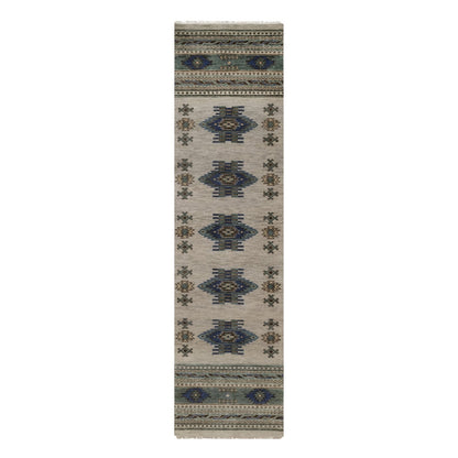 2'7"X9'10" Light Gray Southwest Design Hand Knotted Pure Wool Runner Rug