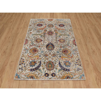 4'X6' Ivory Silk With Textured Wool Rug Sickle Leaf Design Hand Knotted