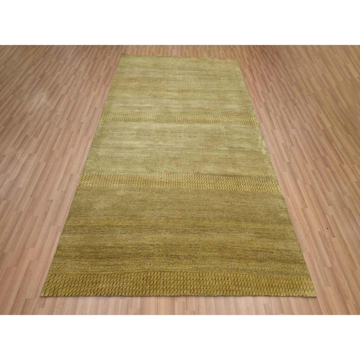 6'1"X9'6" Peanut Brown Modern Grass Design Hand Knotted Wool And Silk Rug