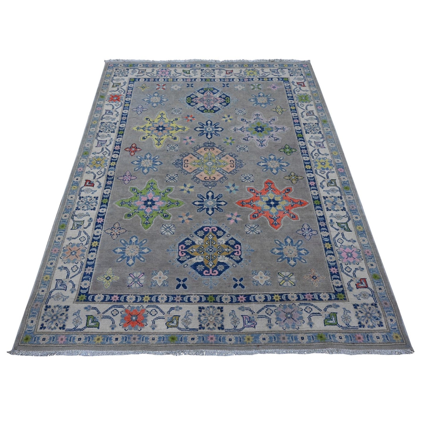 4'10"X6'1" Battleship Gray Caucasian Design Fusion Kazak Oriental Rug