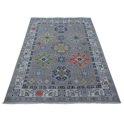 4'10"X6'1" Battleship Gray Caucasian Design Fusion Kazak Oriental Rug