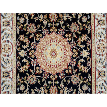 2'7"X16'4" Midnight Blue Hand Knotted Nain 250 Kpsi Wool-Silk Runner Rug