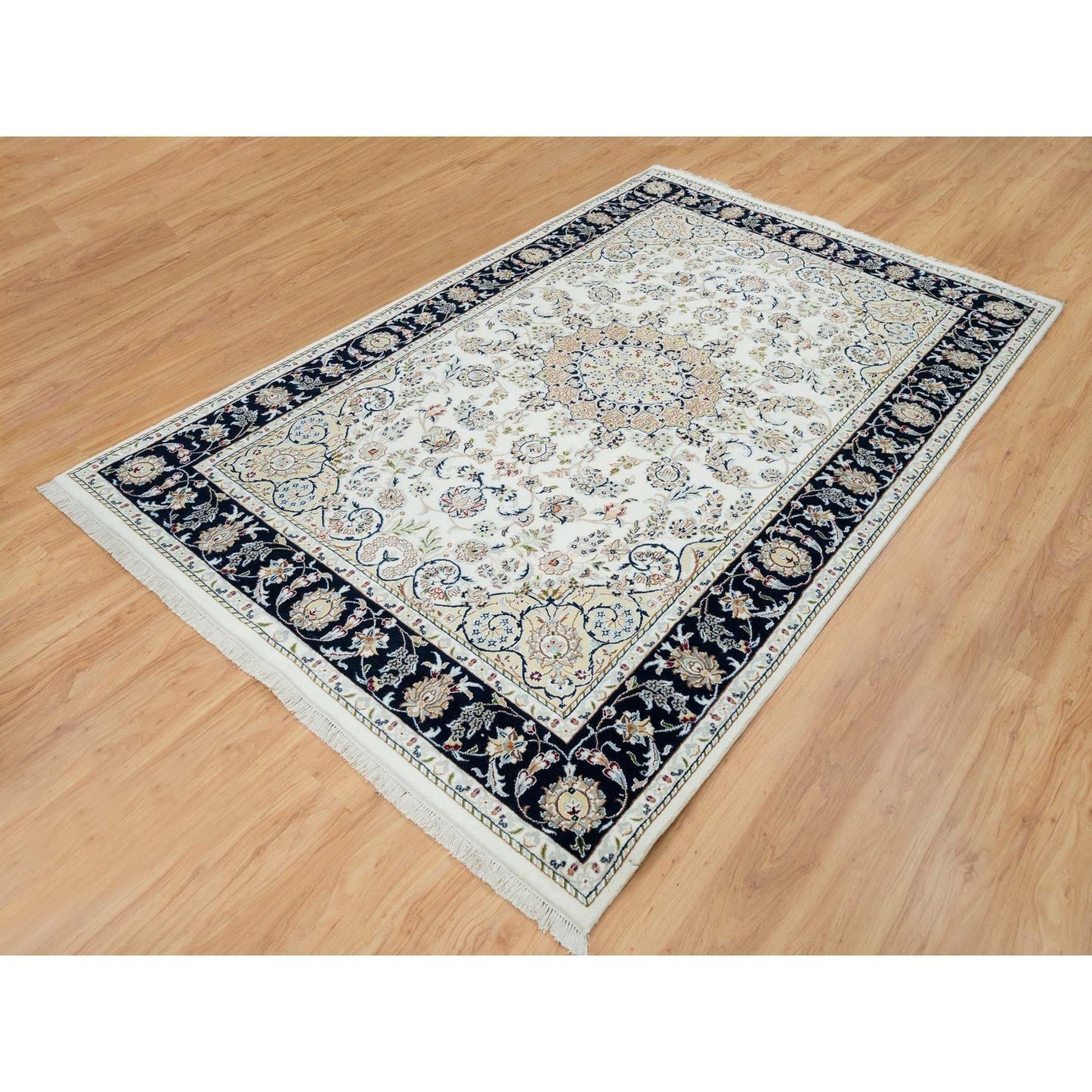 5'10"X9'1" Ivory Natural Wool Hand Knotted Nain Design 250 Kpsi Rug