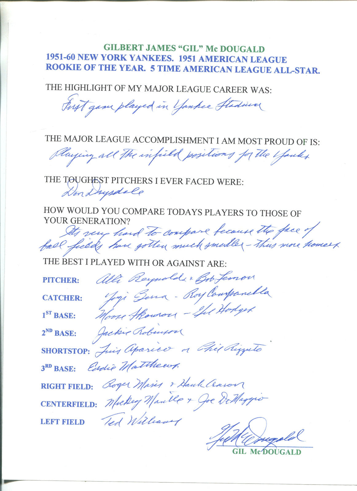 Gil Mcdougald Autographed Hand Filled Out Survey Page