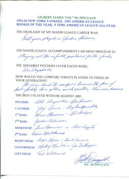 Gil Mcdougald Autographed Hand Filled Out Survey Page