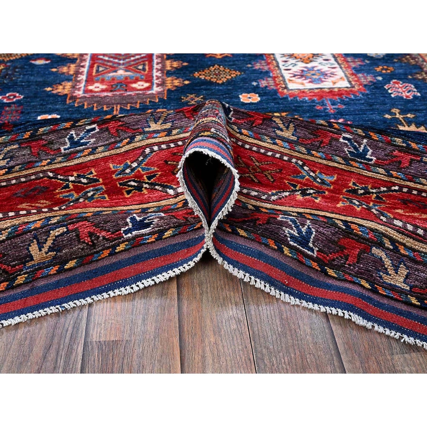 6'4"X8'9" Blue Afghan Ersari Caucasian Design Revival Wool Hand Knotted Rug