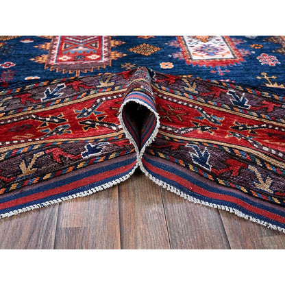 6'4"X8'9" Blue Afghan Ersari Caucasian Design Revival Wool Hand Knotted Rug