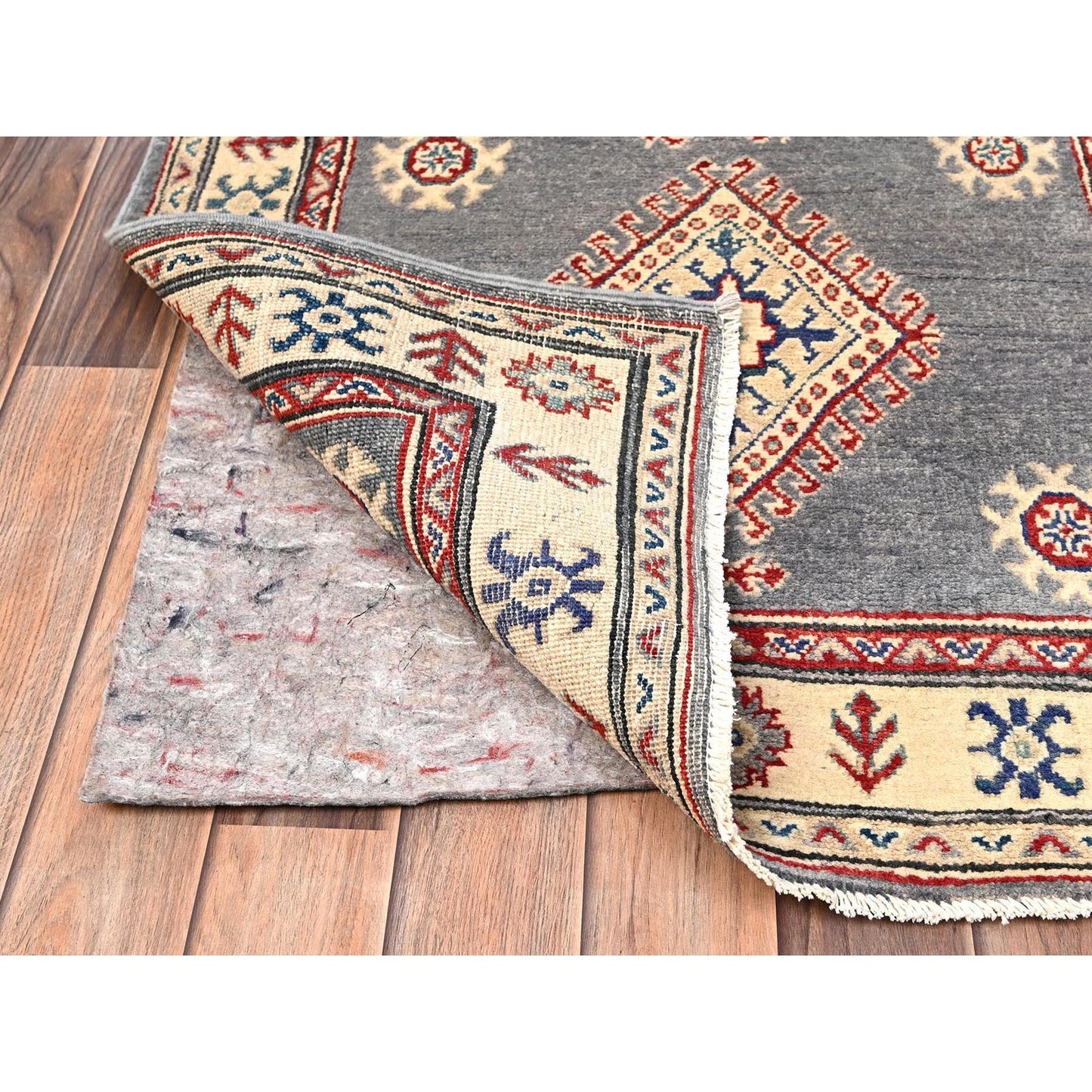 3'X18'7" Gray Kazak With Geometric Design Hand Knotted Rug Wool Runner