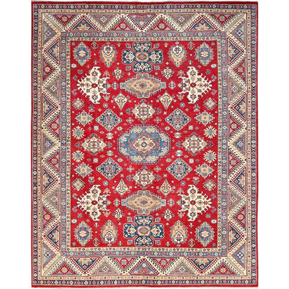 9'2"X11'6" Red Hand Knotted Soft Wool Kazak Tribal Motifs Oriental Rug