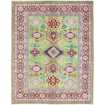 5'4"X6'8" Green Kazak Geometric Medallions Design Hand Knotted Wool Rug