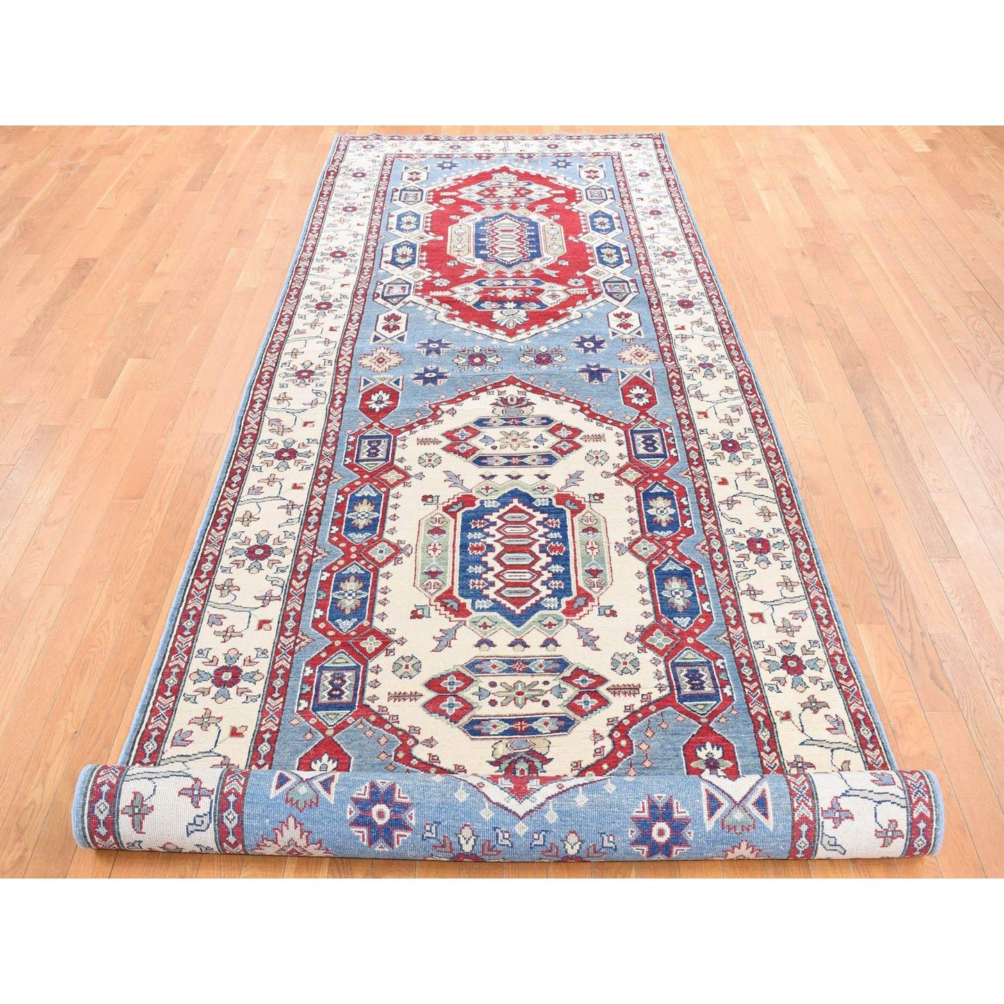 5'3"X19'9" Blue Hand Knotted Wool Kazak Extra Wide And Long Runner Rug
