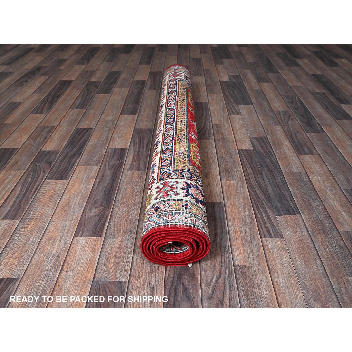 4'10"X7' Red Kazak With Geometric Medallions Design Hand Knotted Wool Rug