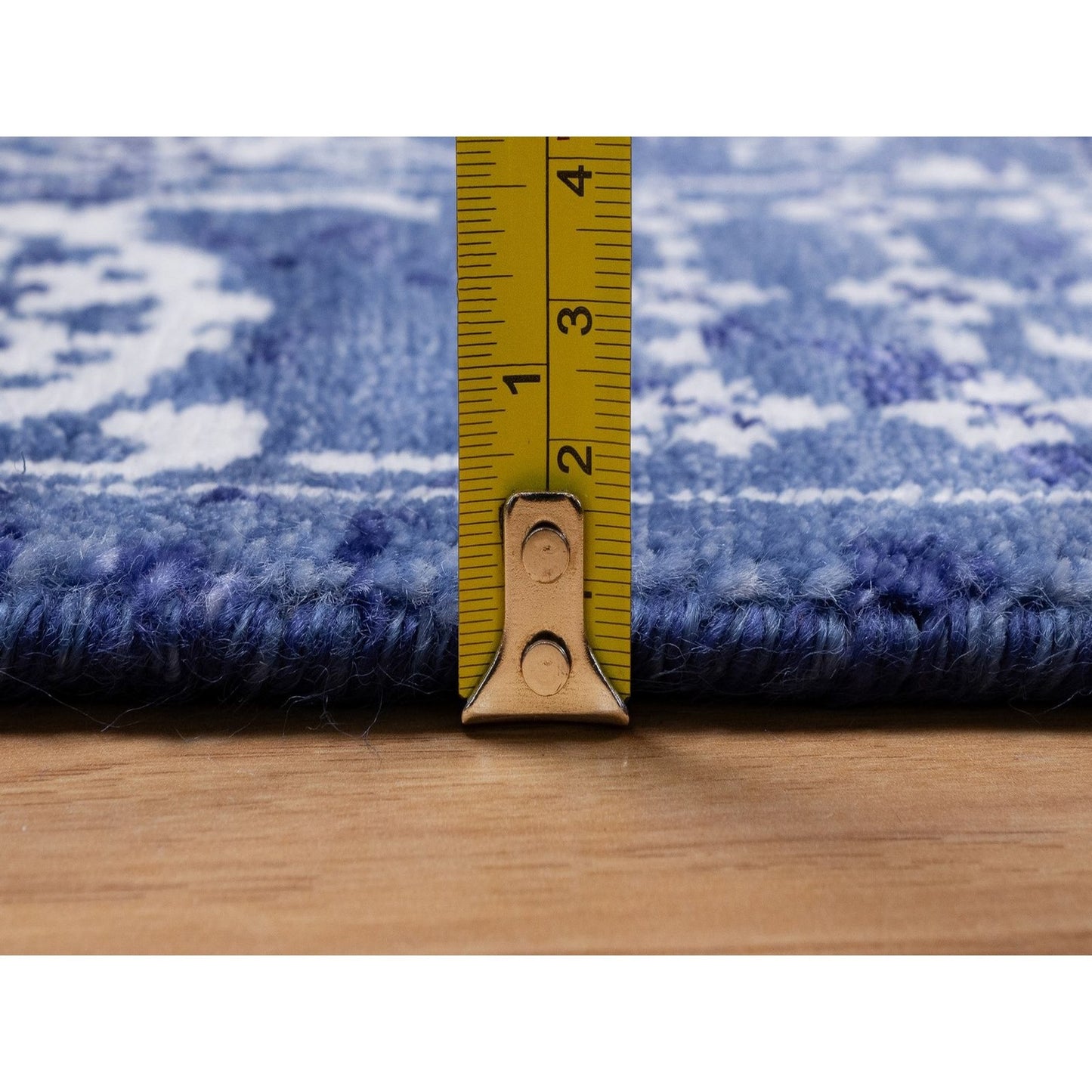 2'6"X6' Ensign Blue Wool And Silk Rug Tebraz With Leaf Design Hand Knotted