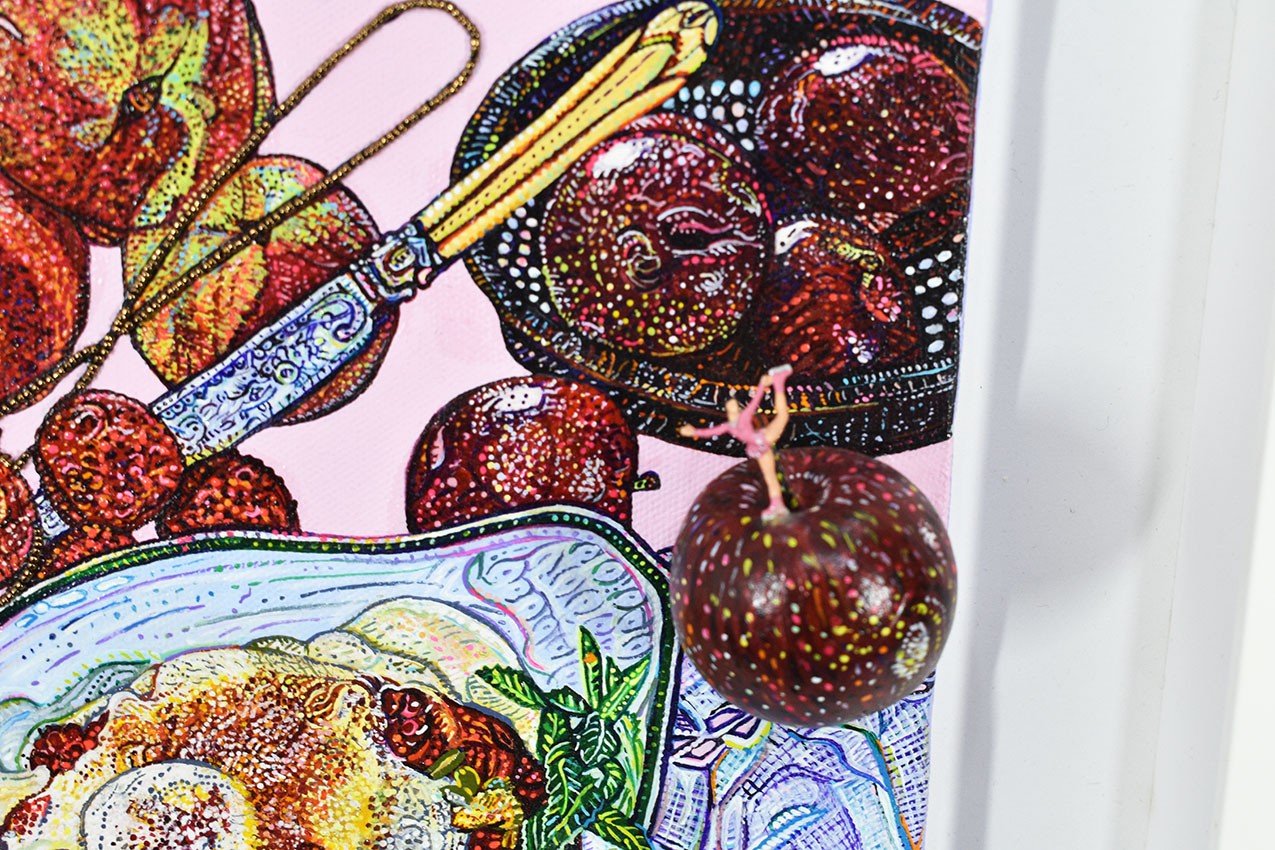 Mimi Yokoo Original Mixed Media Canvas Painting Skating Prune et Pomme