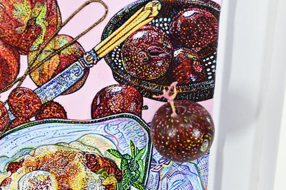 Mimi Yokoo Original Mixed Media Canvas Painting Skating Prune et Pomme