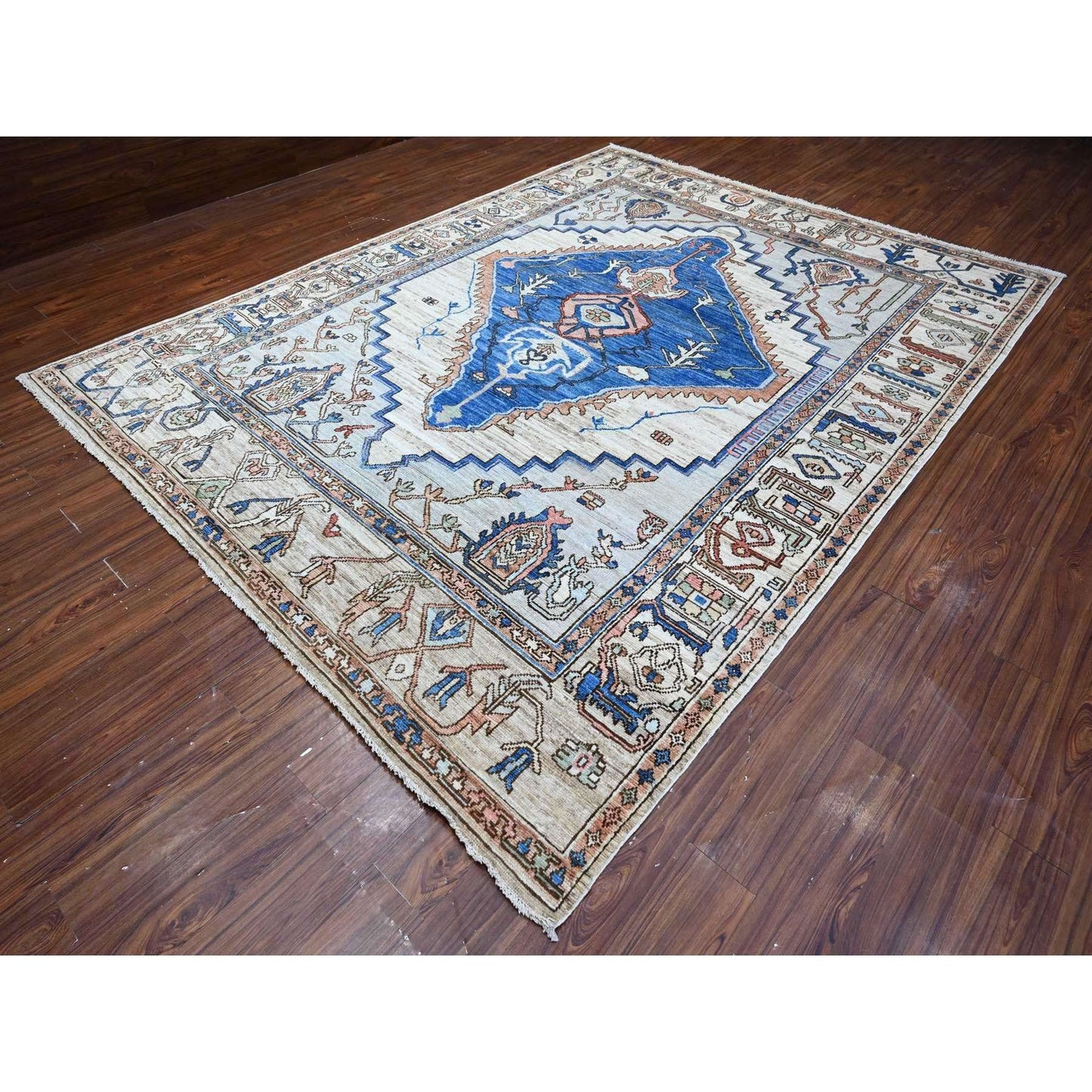 8'10"X11'9" Chrome Gray Turkish Village Motifs Hand Knotted Oriental Rug
