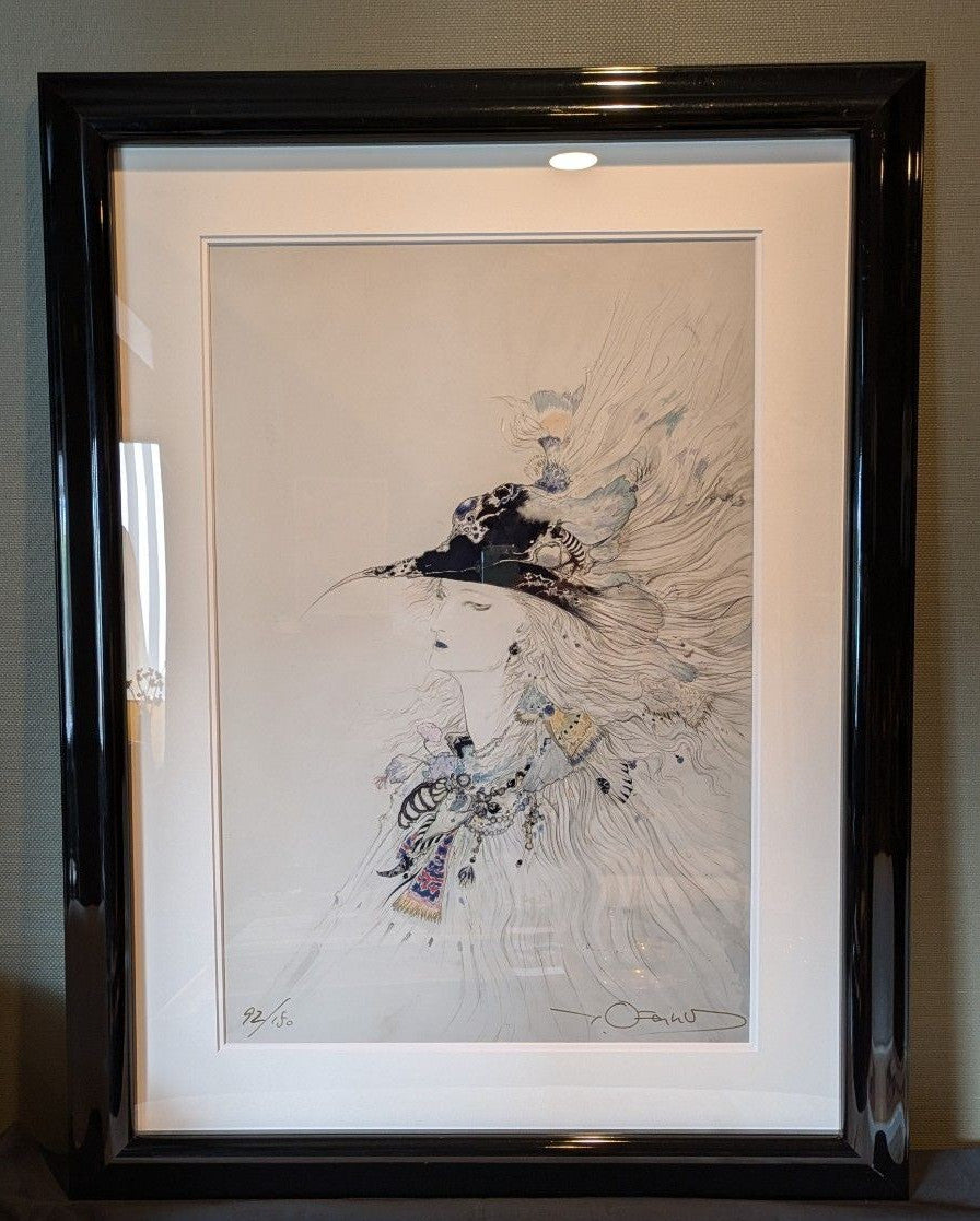 Woman face signed limited lithograph art print framed by Yoshitaka Amano